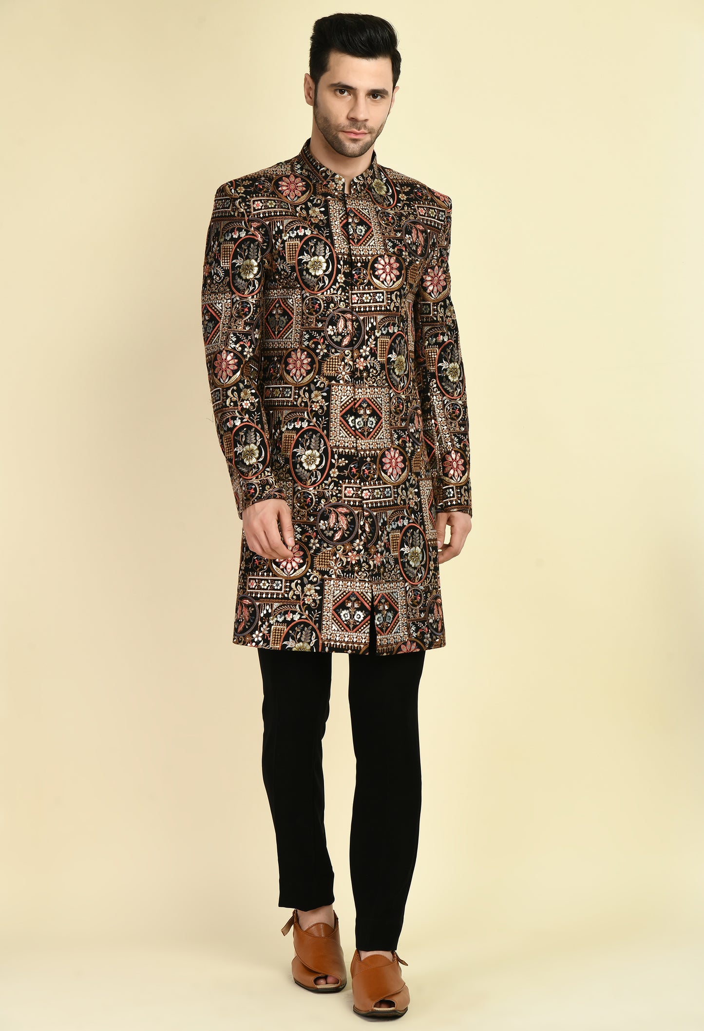 Detail view 3 - Men’s Indo-Western – Silk Georgette in Multi Color with Abstract Silk Thread Embroidery