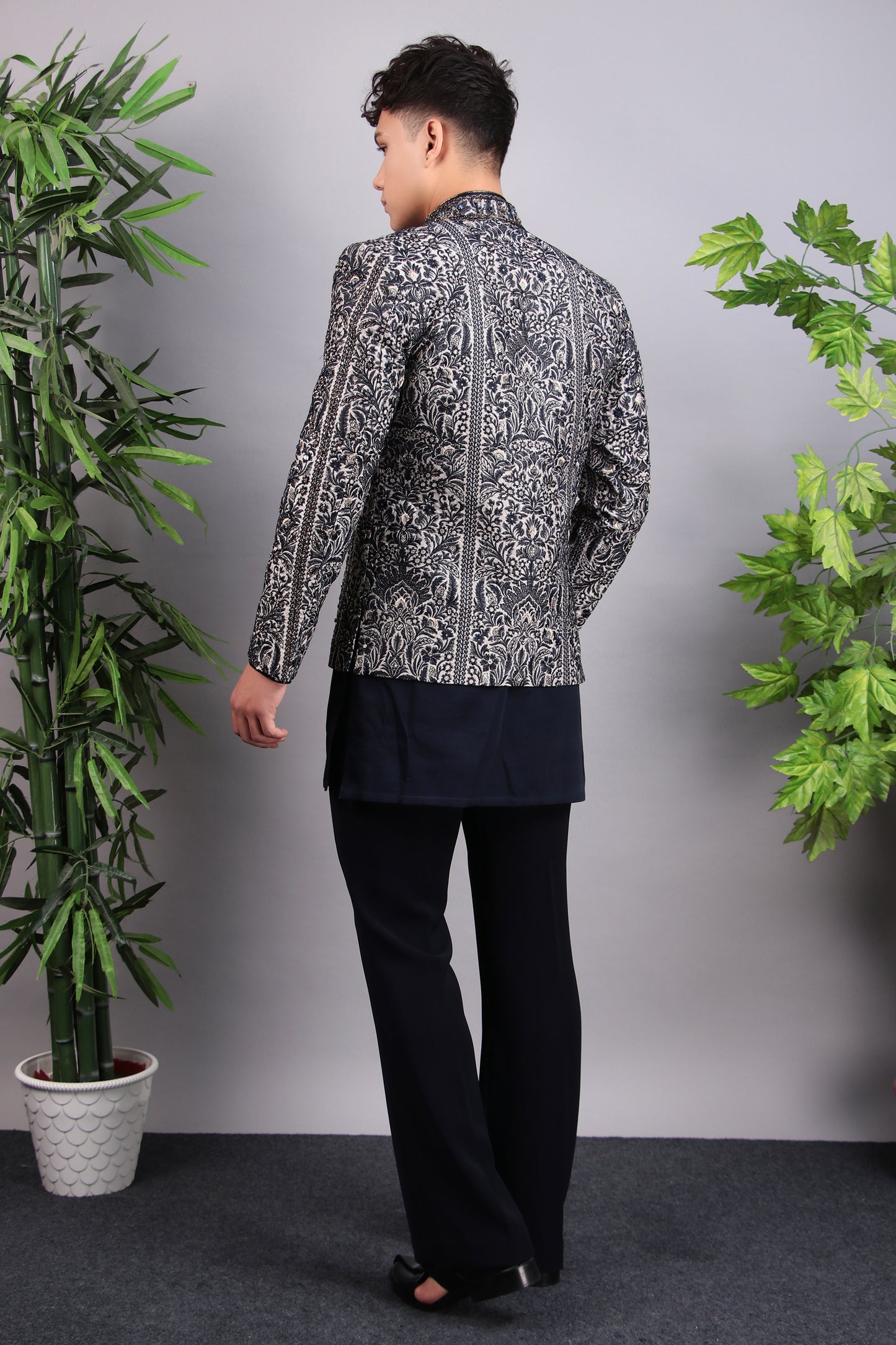 Detail view 2 - Men’s Indo-Western – Silk Embroidered Fabric in Blue with Floral Hand Embroidery