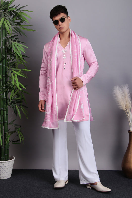 Front view - Men’s Kurta Set – Modal Satin in Pink with Tie and Dye & Silk Thread Embroidery