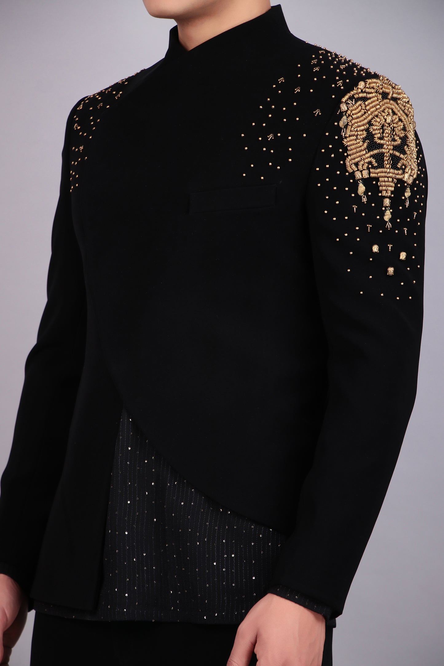 Back view - Men’s Bandhgala – Japanese Lycra in Black with Hand Embroidery in Gold
