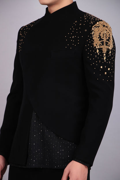 Men’s Bandhgala – Japanese Lycra in Black with Hand Embroidery in Gold | One Man Show