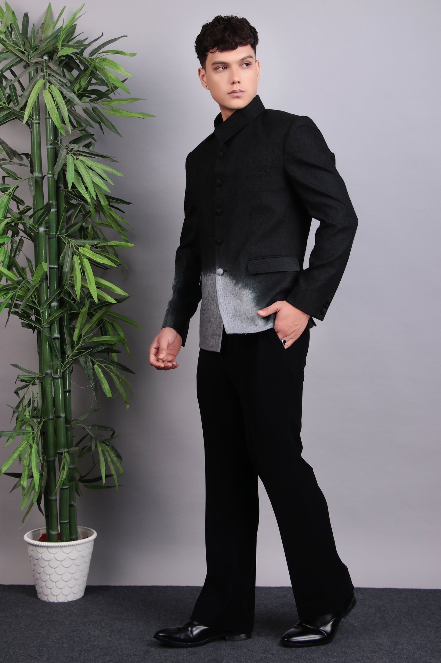 Back view - Men’s Bandhgala – Cotton Jaquard in Black with Shacket Style Tie and Dye