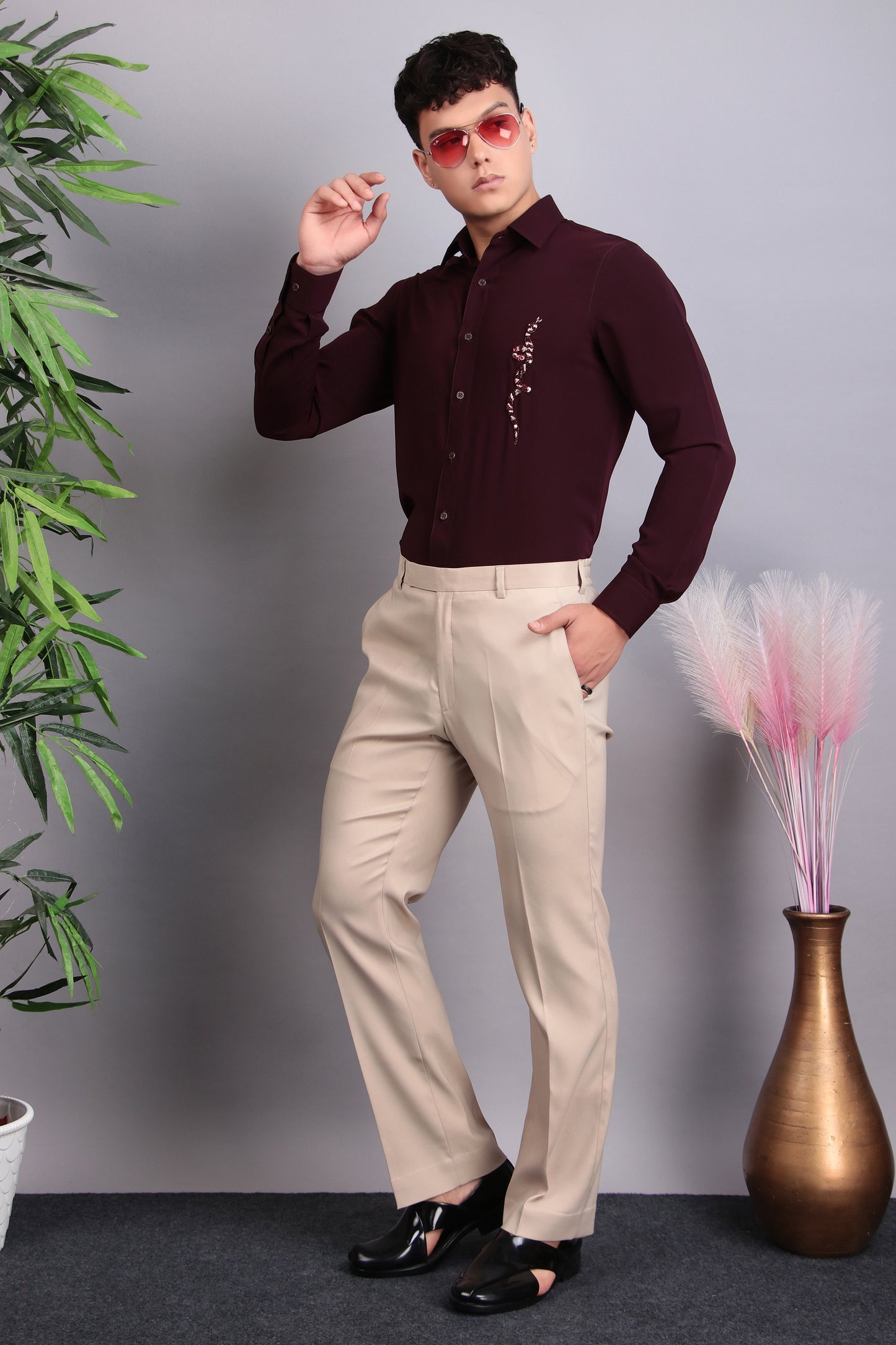 Detail view 5 - Men’s Shirt – Korean Wrinkle Free in Maroon with Snake Embroidery