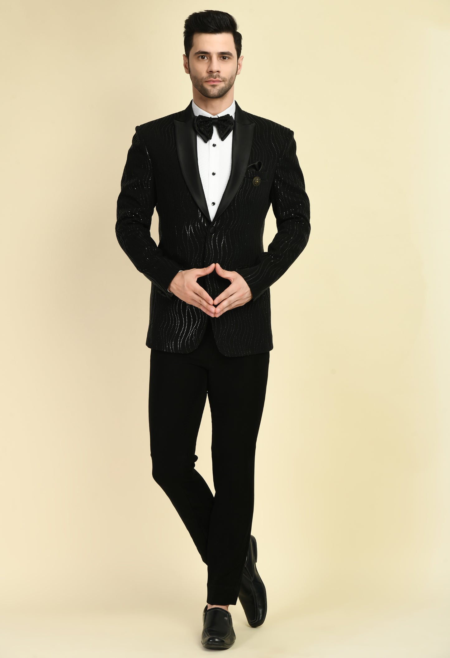 Front view - Men’s Tuxedo – Japanese Lycra in Black with Shimmer Print