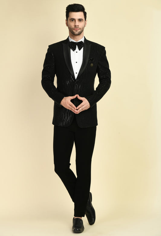 Front view - Men’s Tuxedo – Japanese Lycra in Black with Shimmer Print