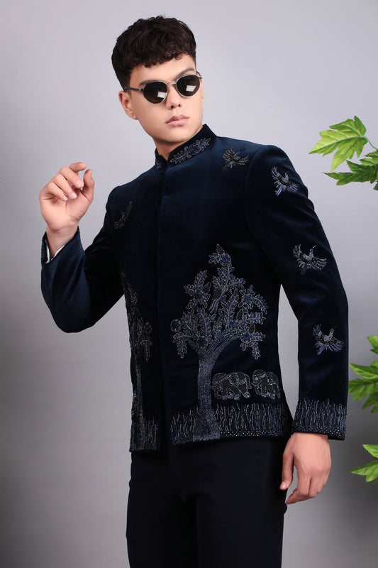Men’s Bandhgala – Cotton Velvet in Blue with Hand Embroidery | One Man Show