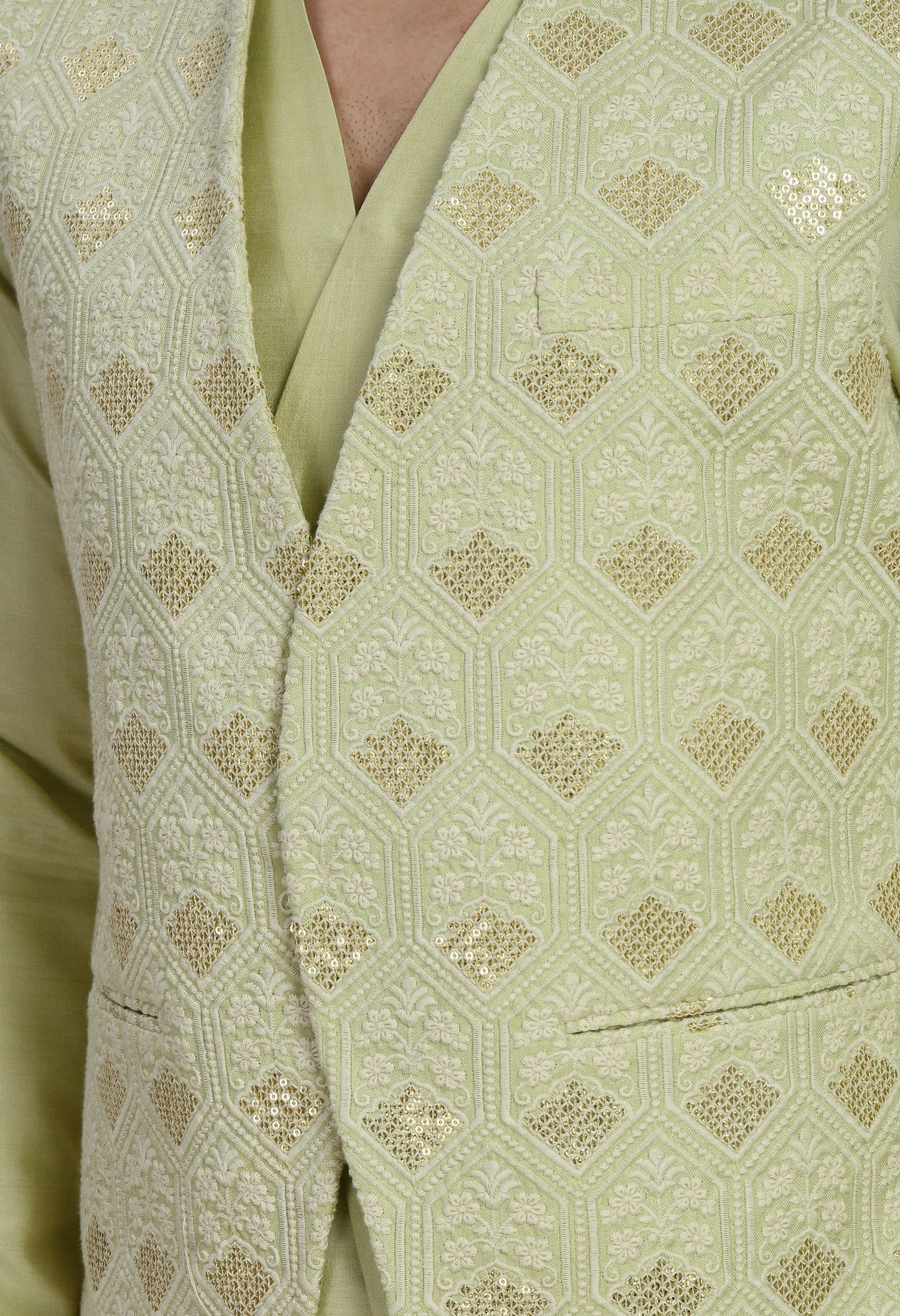Detail view 3 - Men’s Nehru Jacket – Silk in Green with Designer Vest Silk Thread Embroidery