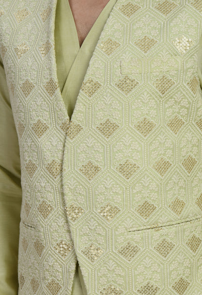 Men’s Nehru Jacket – Silk in Green with Designer Vest Silk Thread Embroidery | One Man Show