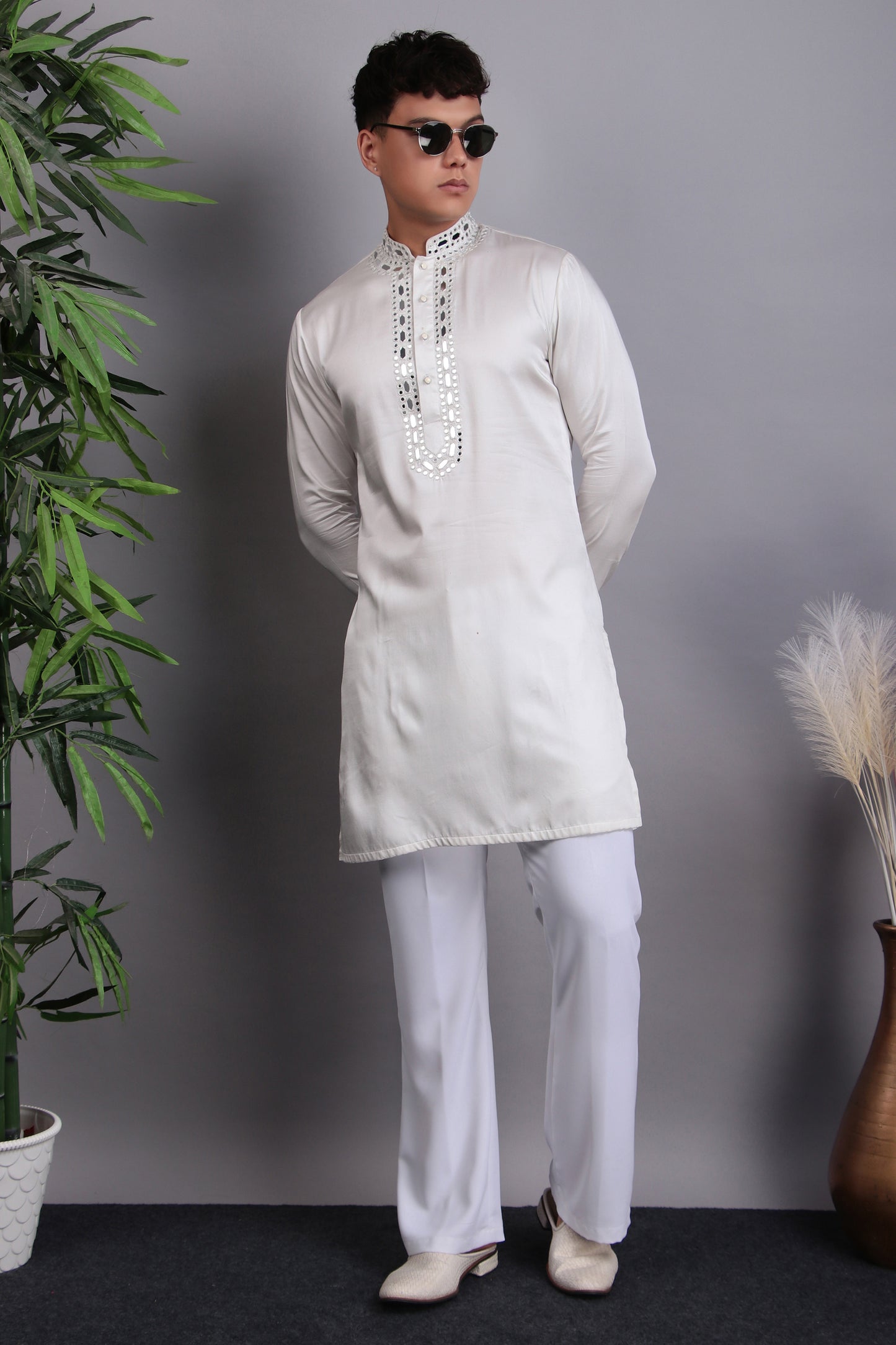 Front view - Men’s Kurta Set – Modal Satin in Blue with Tie and Dye & Silk Thread Embroidery