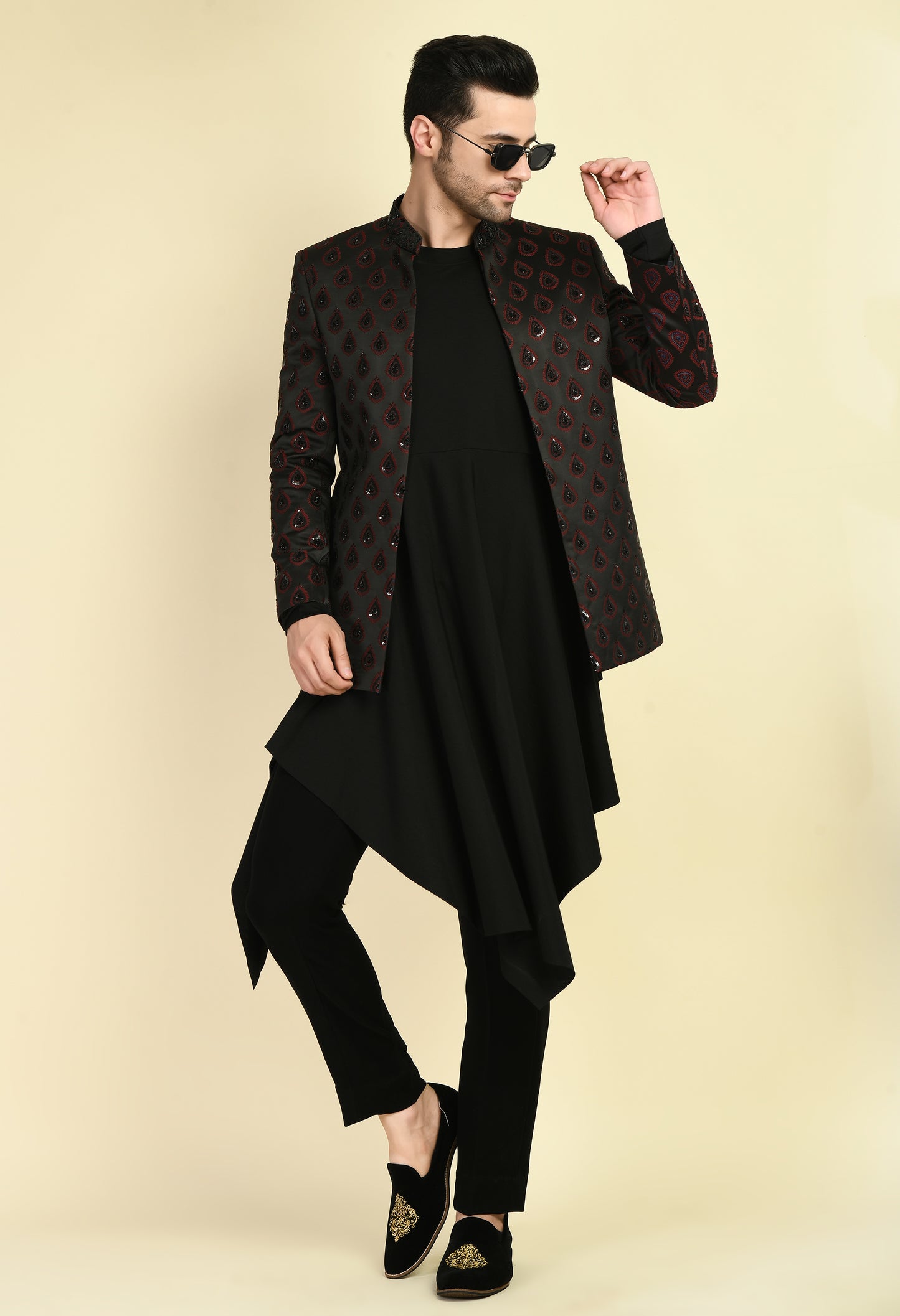 Back view - Men’s Indo-Western – Silk Jaquard in Black with Geometric Motif Embroidery