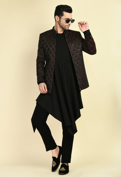 Men’s Indo-Western – Silk Jaquard in Black with Geometric Motif Embroidery | One Man Show