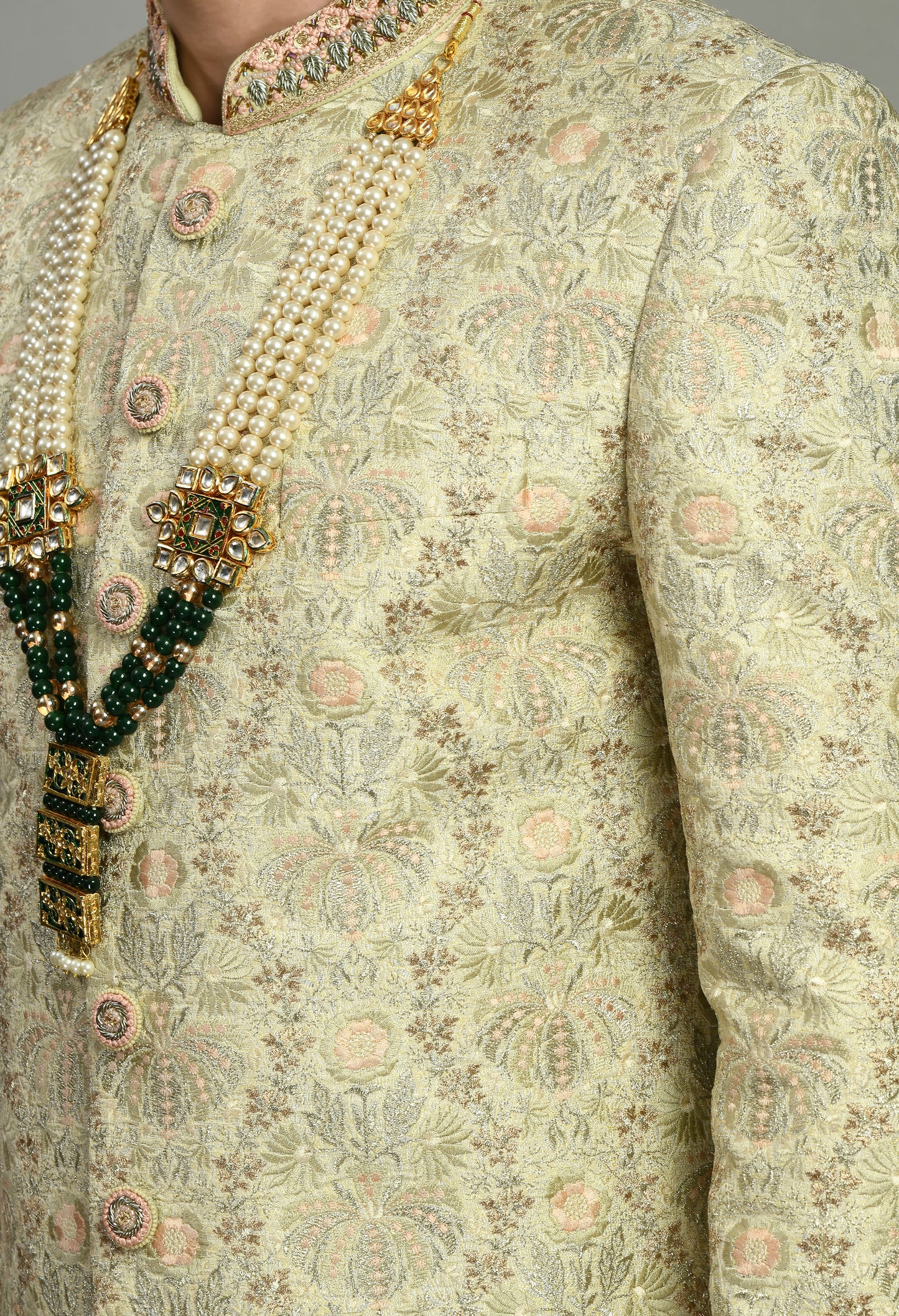 Detail view 3 - Men’s Sherwani – Silk in Green with Detailed Hand Embroidery Allover