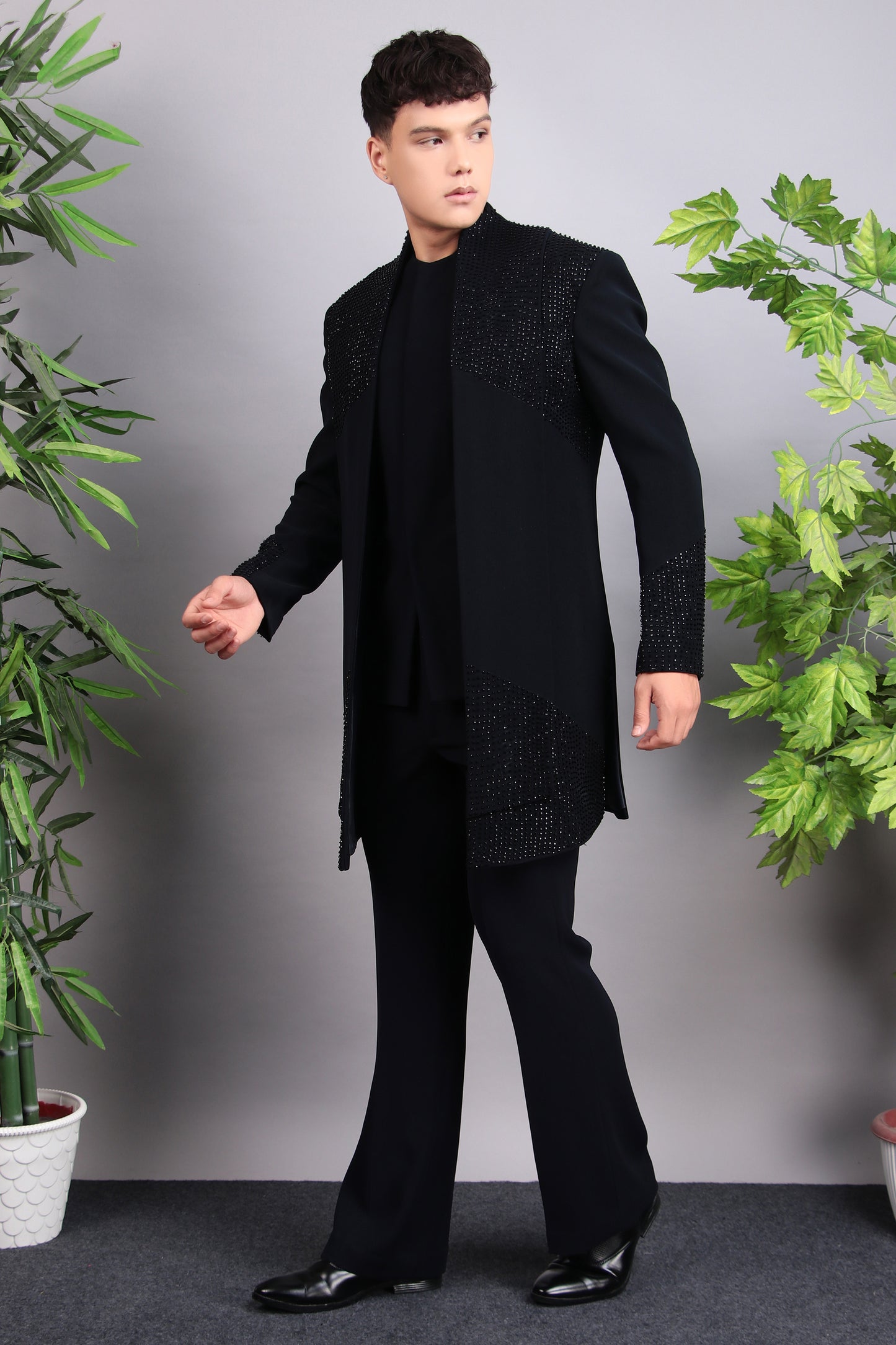 Detail view 1 - Men’s Indo-Western – Japanese Lycra in Midnight Blue with Beads and Stones Embroidery