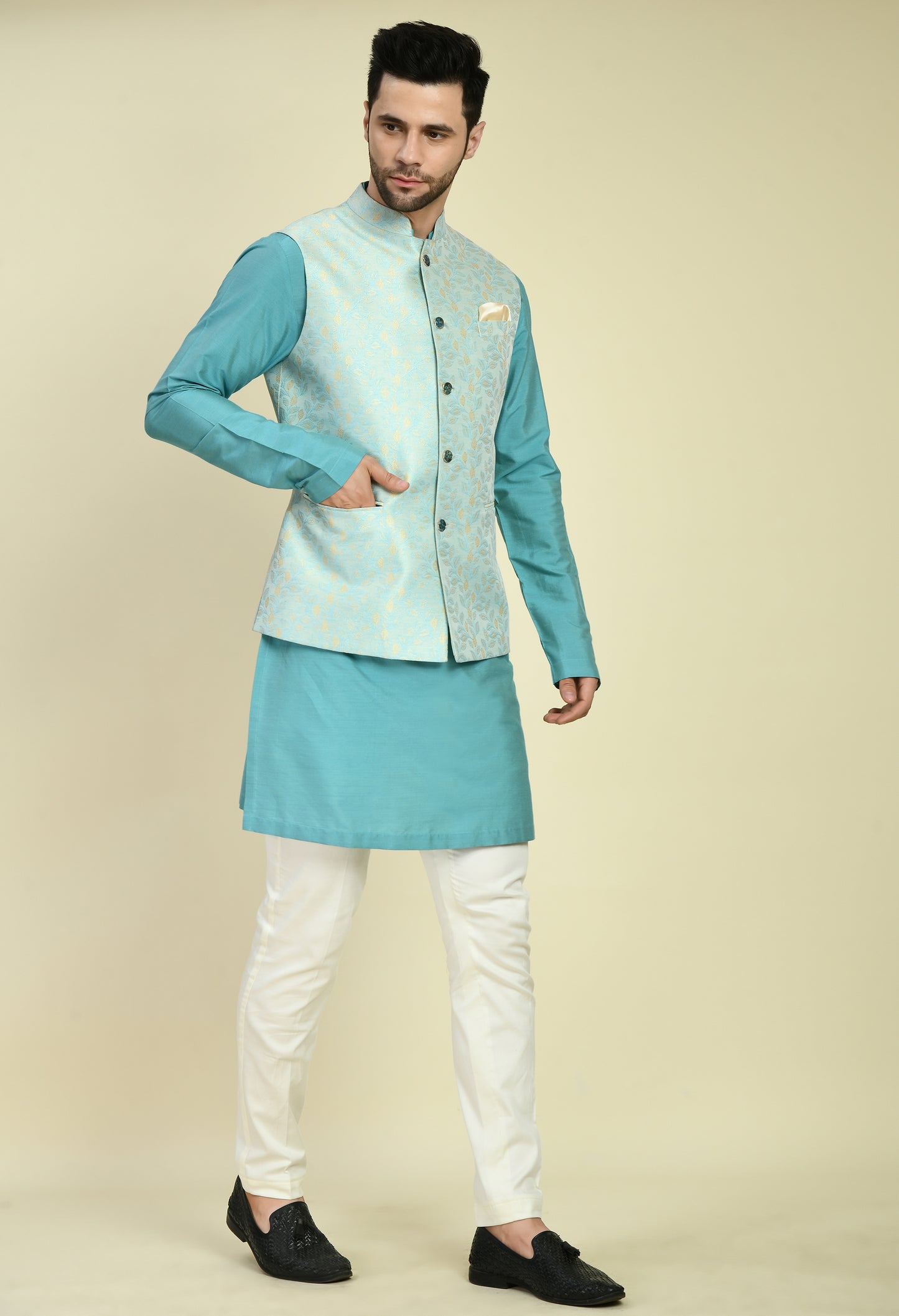 Back view - Men’s Nehru Jacket – Silk in Blue with Silk Jaquard Jacket