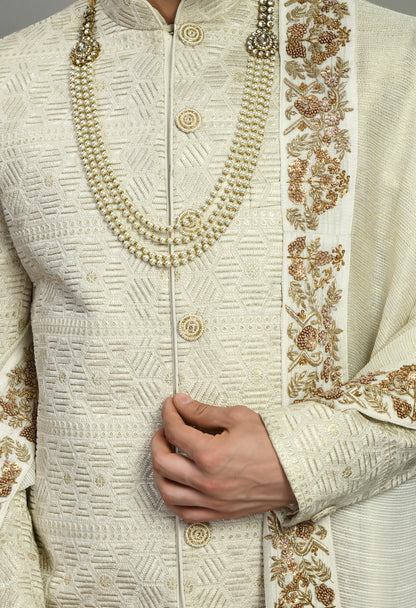 Men’s Sherwani – Silk in Ivory with Detailed Hand Embroidery | One Man Show
