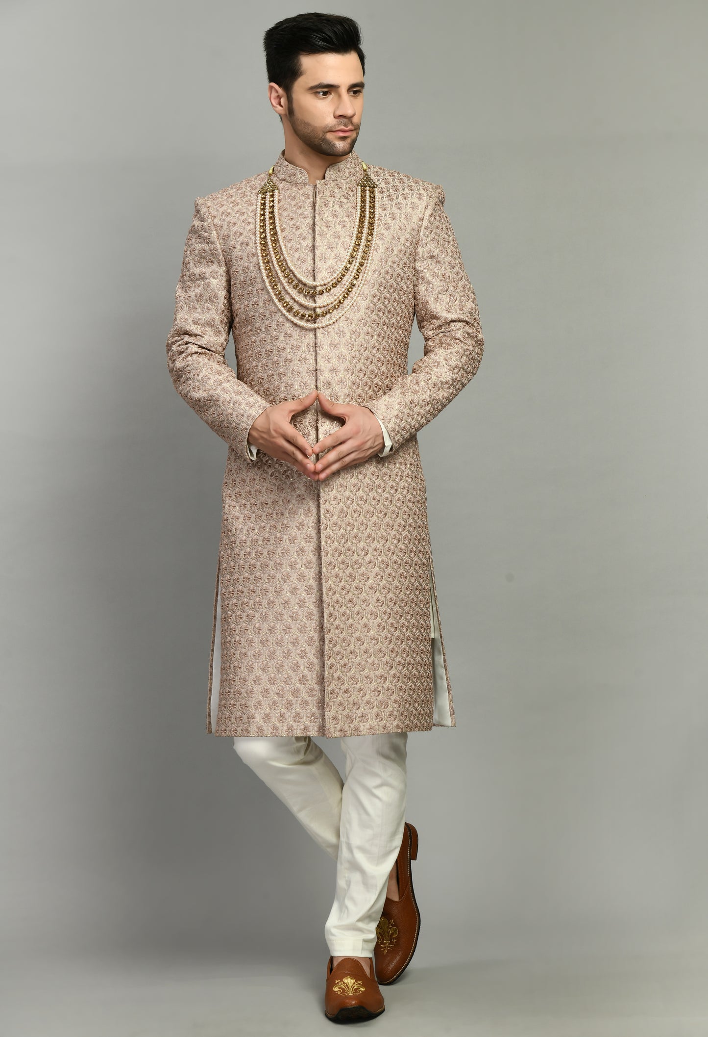 Back view - Men’s Sherwani – Silk in Pink with Detailed Hand Embroidery