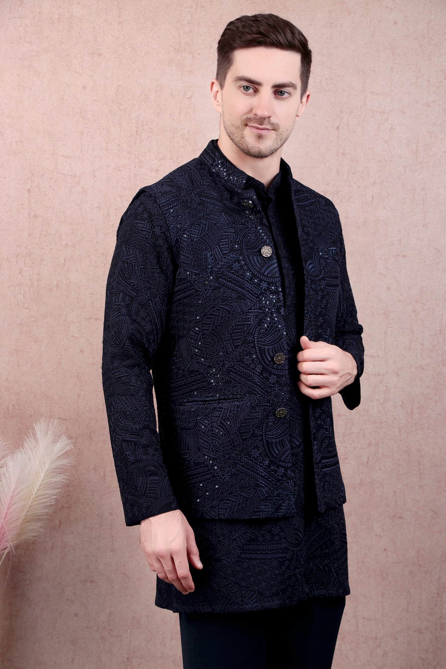 Detail view 2 - Men’s Kurta Set – Georgette in Navy Blue with Silk Thread Embroidery & Statement Buttons