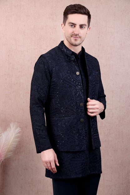 Men’s Kurta Set – Georgette in Navy Blue with Silk Thread Embroidery & Statement Buttons | One Man Show