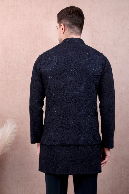 Men’s Kurta Set – Georgette in Navy Blue with Silk Thread Embroidery & Statement Buttons | One Man Show