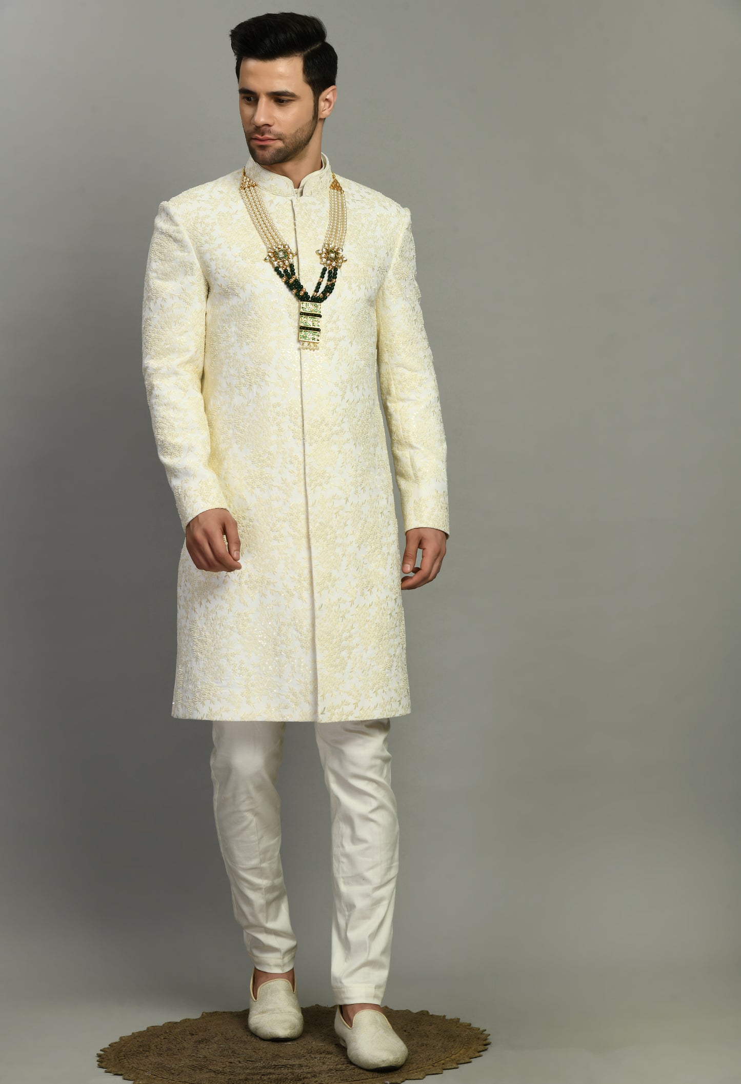 Front view - Men’s Sherwani – Silk in Cream with Detailed Hand Embroidery