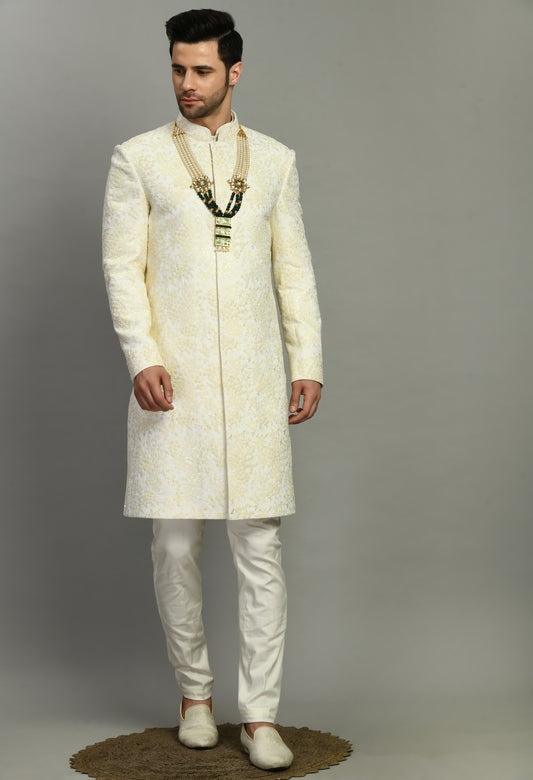 Front view - Men’s Sherwani – Silk in Cream with Detailed Hand Embroidery