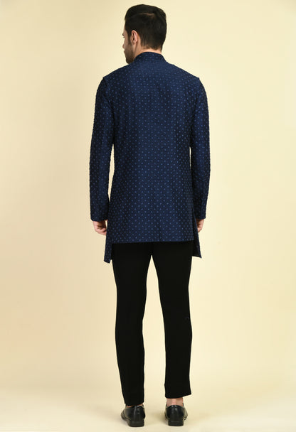 Men’s Nehru Jacket – Silk Jaquard in Navy Blue with Thread Embroidery | One Man Show