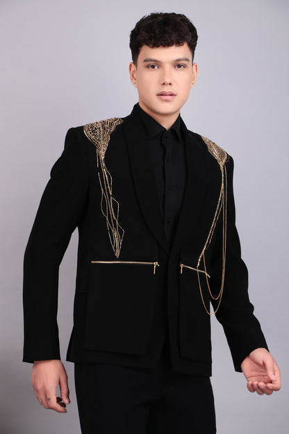 Men’s Tuxedo – Japanese Lycra in Black with Golden Embroidery | One Man Show