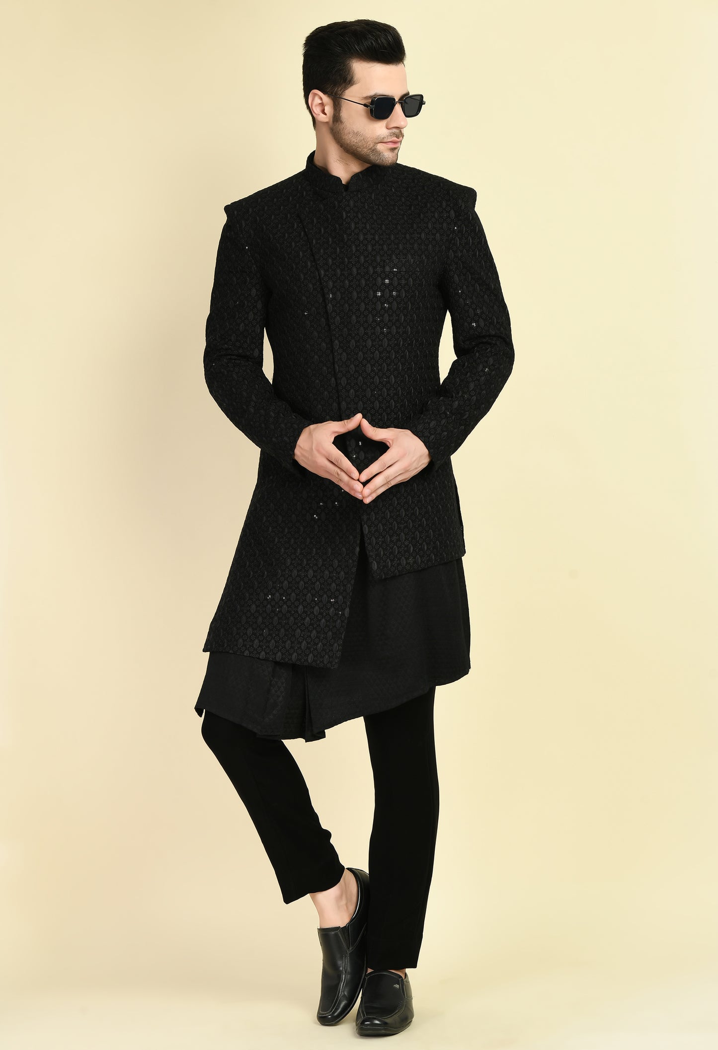 Detail view 2 - Men’s Indo-Western – Silk Georgette in Black with Angrakha Front and Draped Kurta