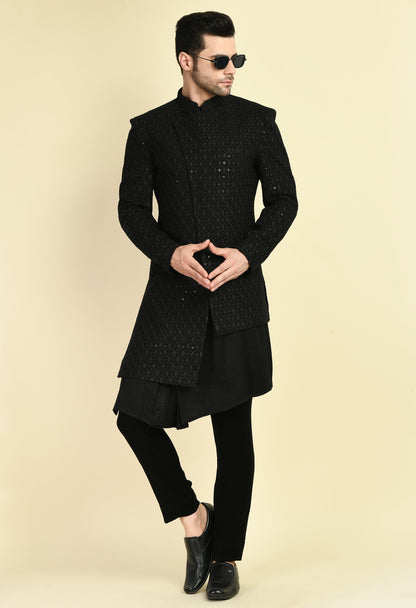 Men’s Indo-Western – Silk Georgette in Black with Angrakha Front and Draped Kurta | One Man Show