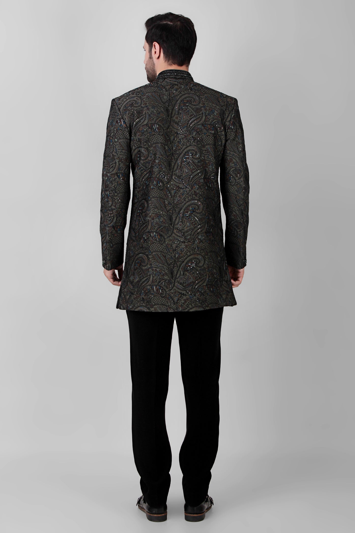 Back view - Men’s Indo-Western – Silk Top in Green with Dori and Silk Thread Embroidery