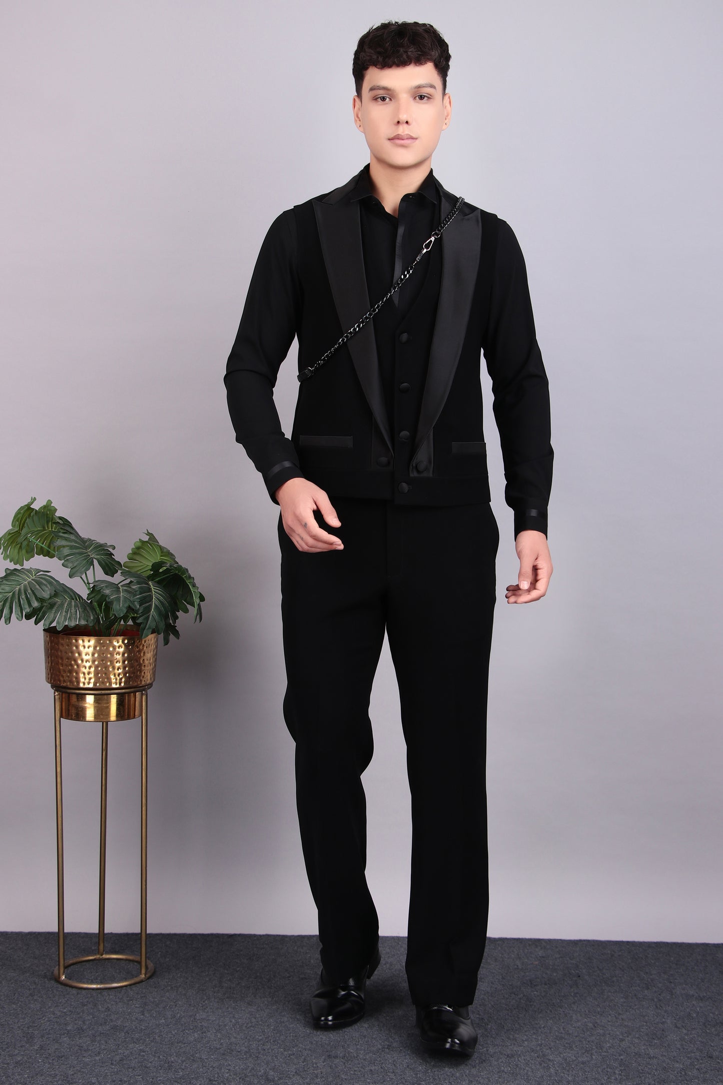 Front view - Men’s Tuxedo – Japanese Lycra in Black with Multi Layered Vest Style Jacket