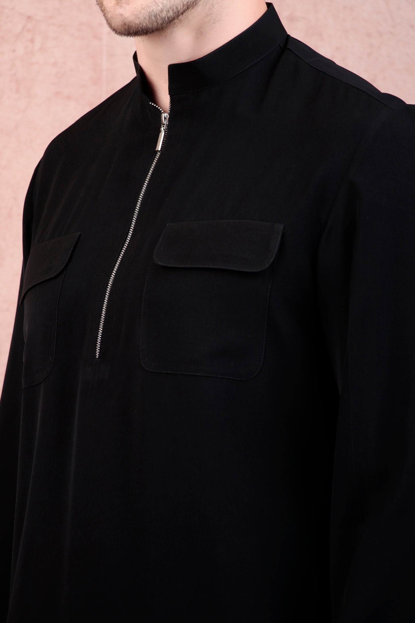 Detail view 2 - Men’s Kurta Set – Korean Wrinkle-Free in Black with Bug-Motif Embroidery & Half-Zip