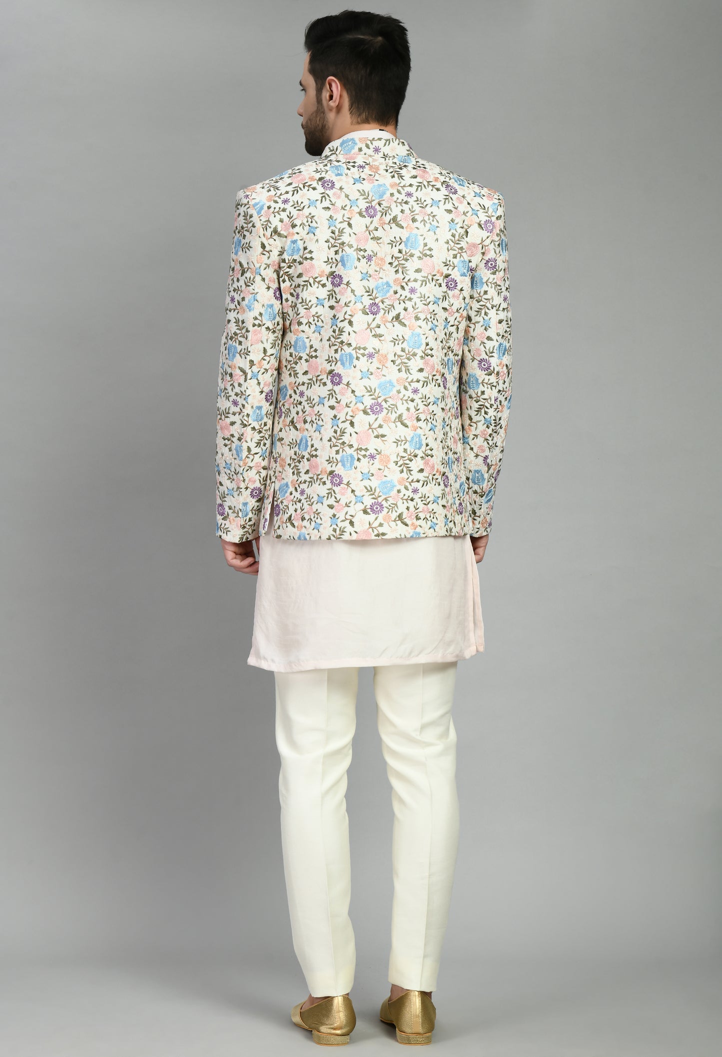 Side view - Men’s Indo-Western – Silk Kurta in Multi Color with Multi Color Floral Silk Thread Embroidery