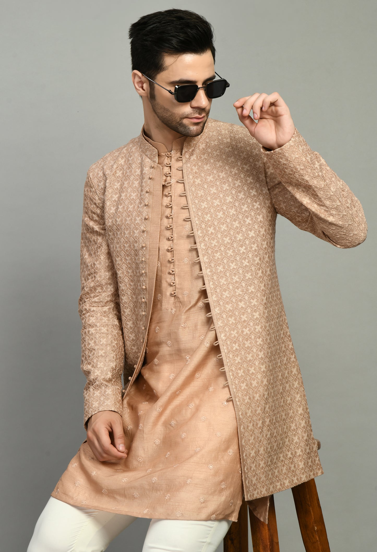 Detail view 1 - Men’s Nehru Jacket – Silk Georgette in Light Brown with Designer Kurta Sleeve