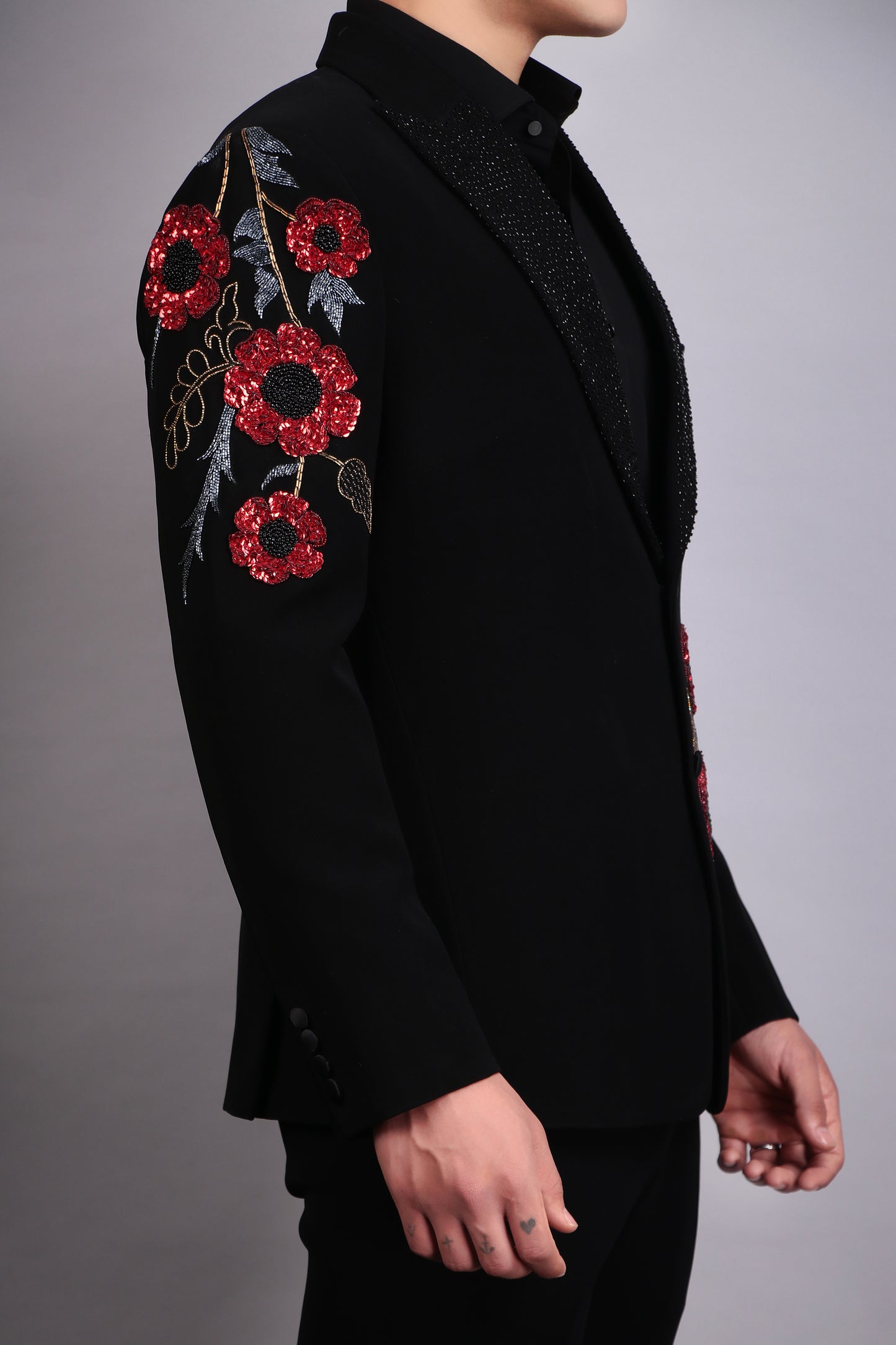 Detail view 1 - Men’s Tuxedo – Japanese Lycra in Black with Pintex & Beads Embroidery