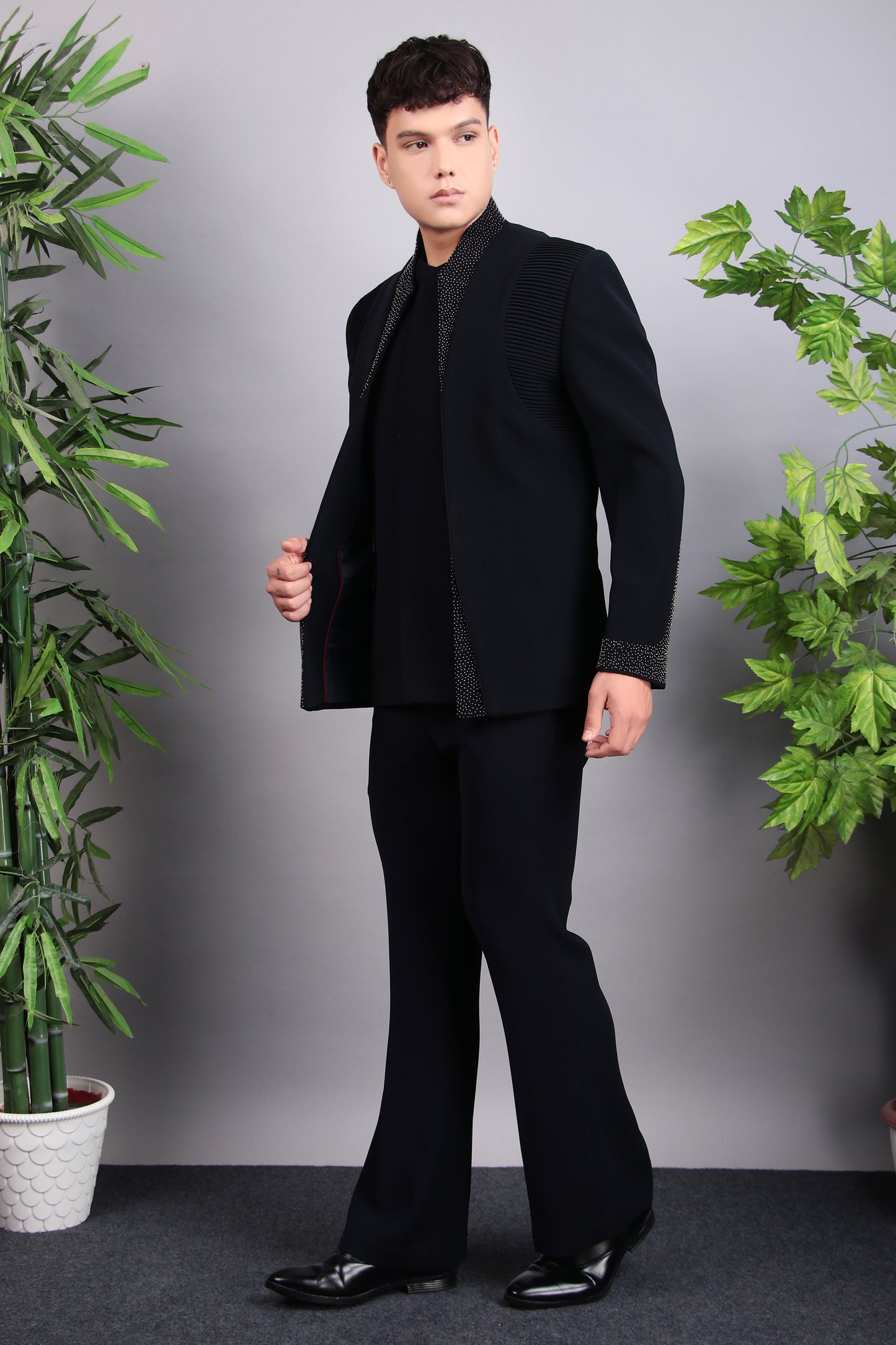Back view - Men’s Bandhgala – Japanese Lycra in Midnight Blue with Pintex & Beads Embroidery