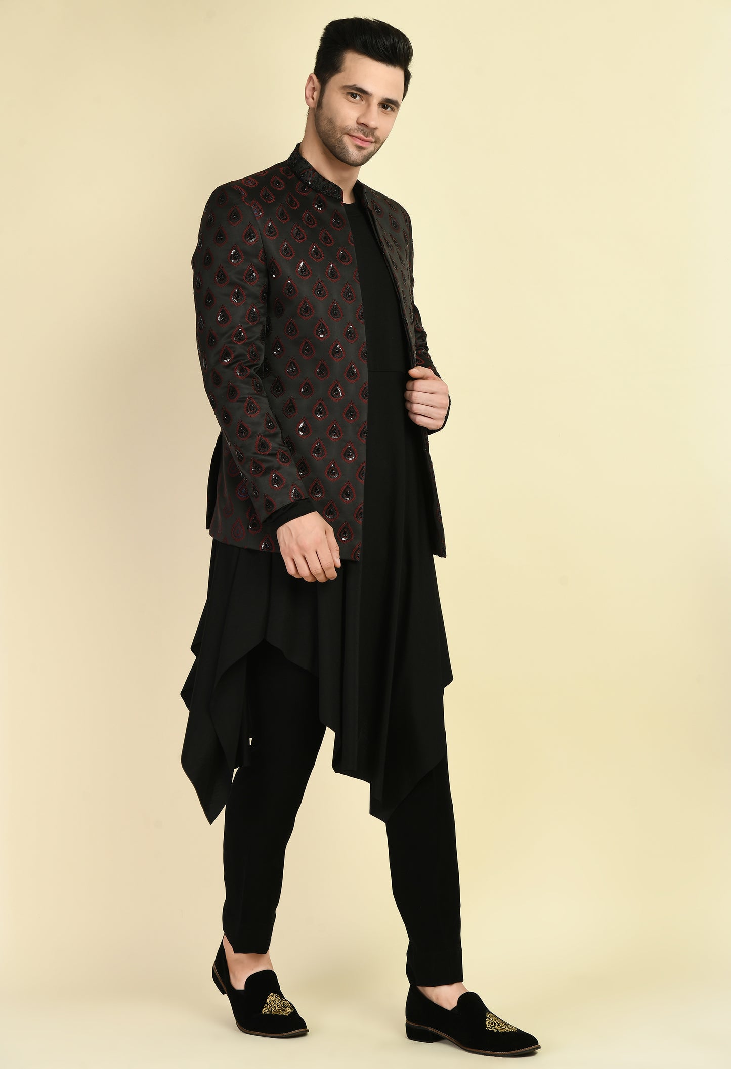 Detail view 1 - Men’s Indo-Western – Silk Jaquard in Black with Geometric Motif Embroidery