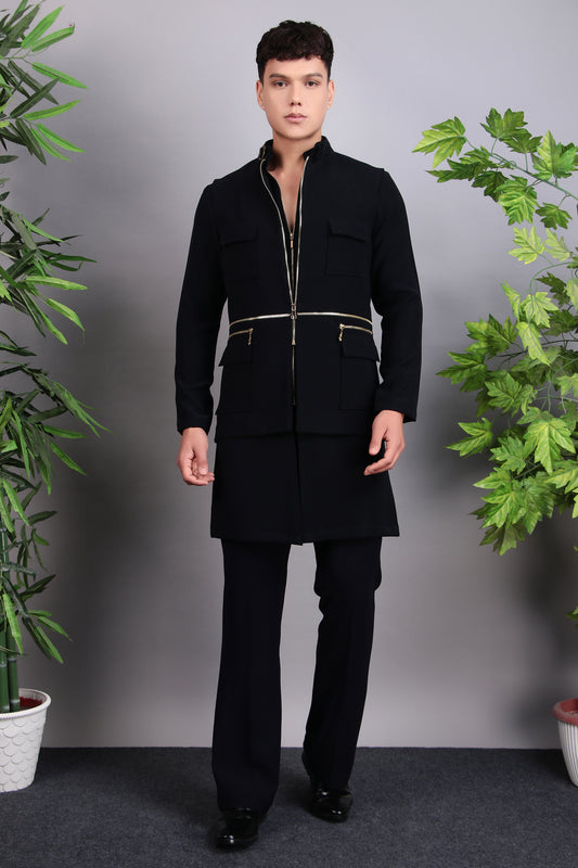 Front view - Men’s Nehru Jacket – Japanese Lycra in Blue with Designer Zip Front
