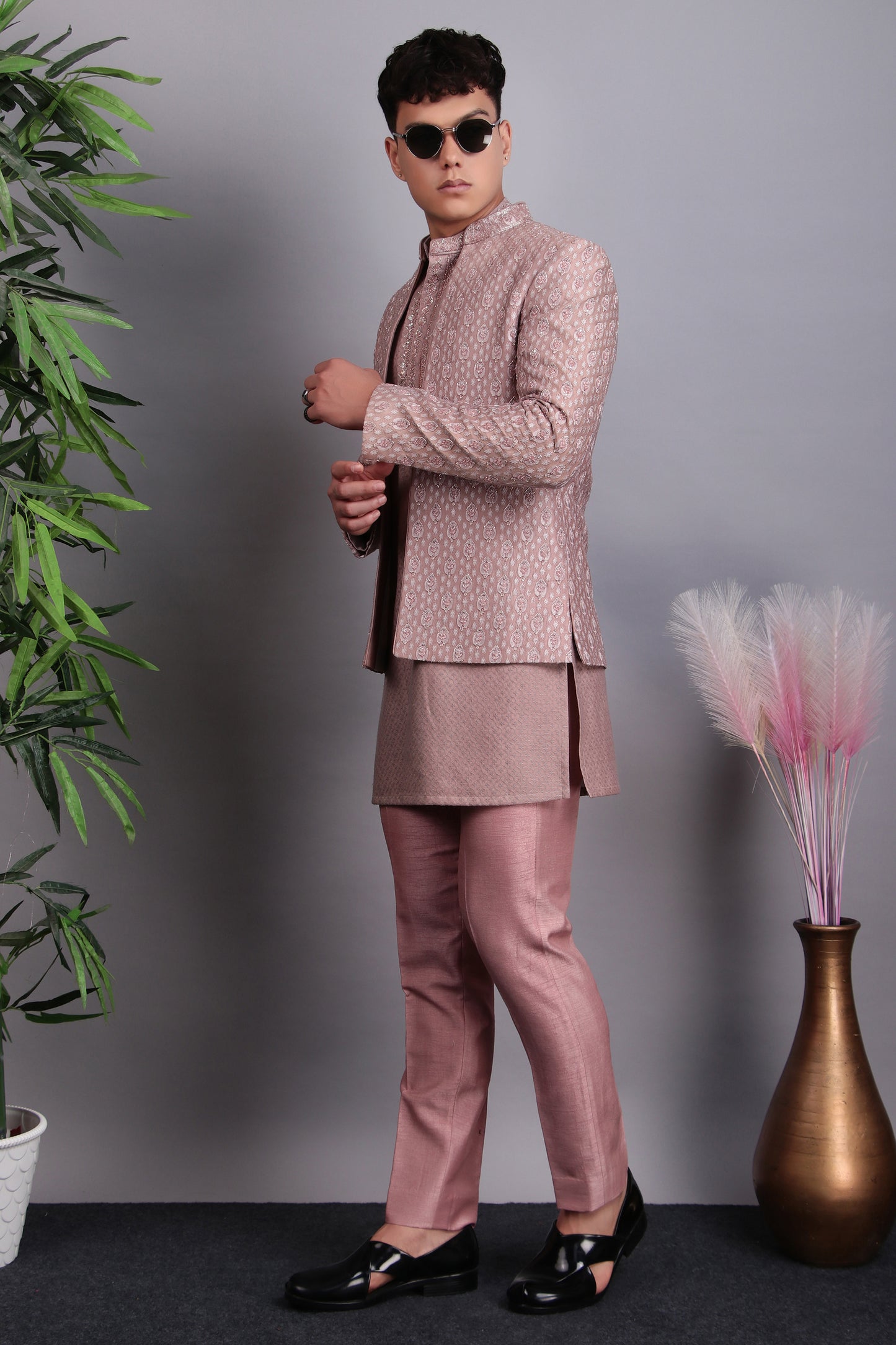 Detail view 2 - Men’s Indo-Western – Silk Embroidered Fabric in Pink with Floral Hand Embroidery