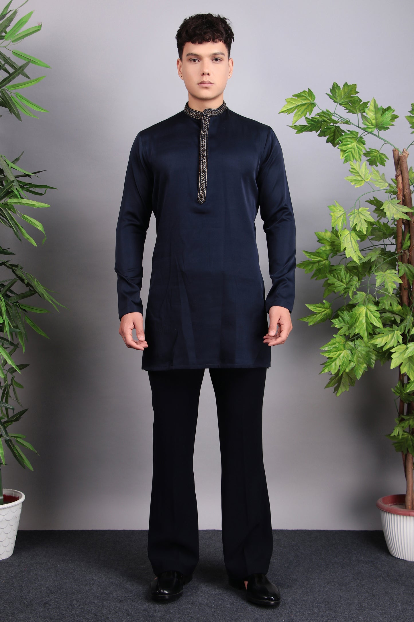 Detail view 4 - Men’s Indo-Western – Silk Embroidered Fabric in Blue with Floral Hand Embroidery