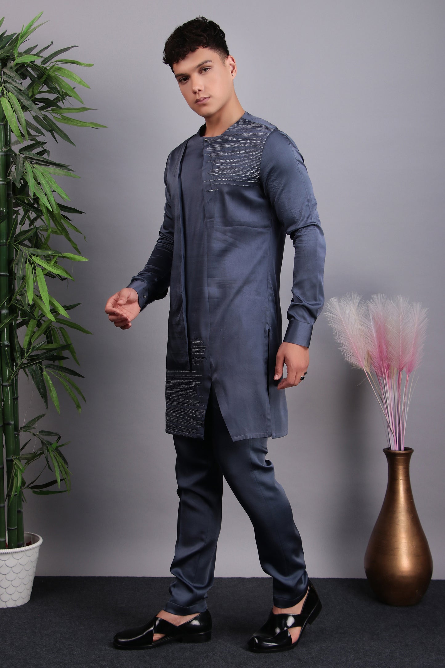 Detail view 1 - Men’s Kurta Set – Modal Satin in Grey with Silk Thread Embroidery & Asymmetric Cut