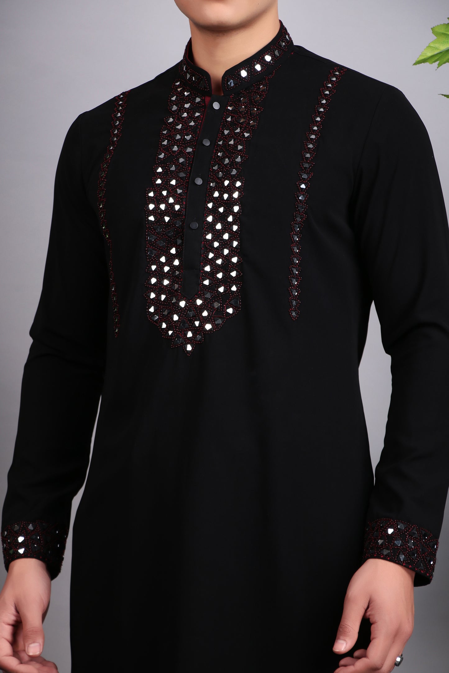 Detail view 3 - Men’s Kurta Set – Korean Wrinkle-Free in Black with Mirror and Beads Embroidery