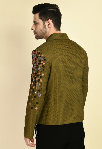 Men’s Biker Jacket – Silk Jaquard in Olive Green with Placement Embroidery | One Man Show