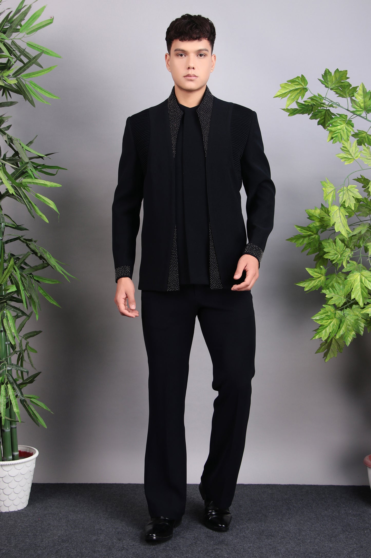 Side view - Men’s Bandhgala – Japanese Lycra in Midnight Blue with Pintex & Beads Embroidery