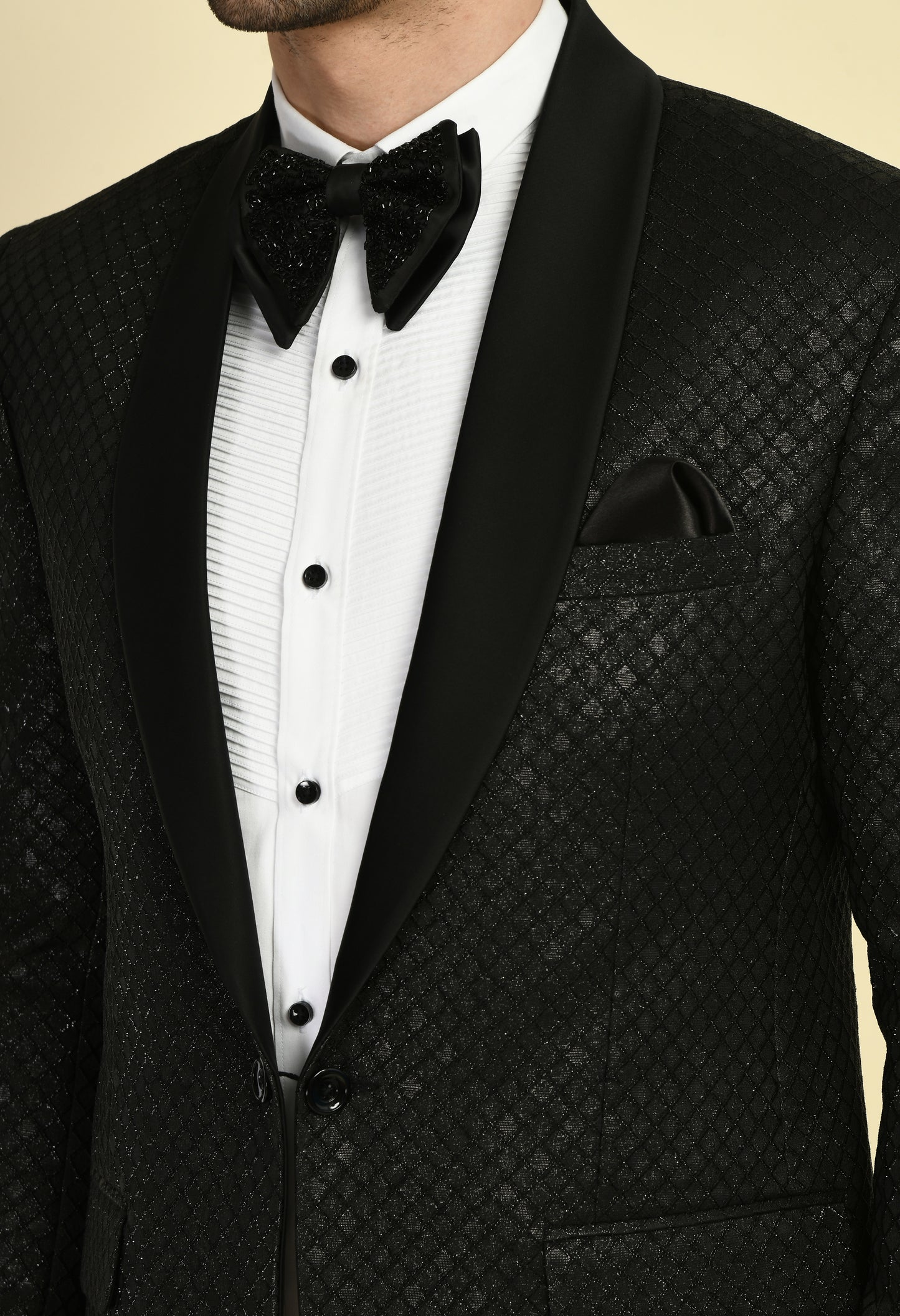 Detail view 1 - Men’s Tuxedo – Japanese Lycra in Black with Geometric Jaquard Fabric