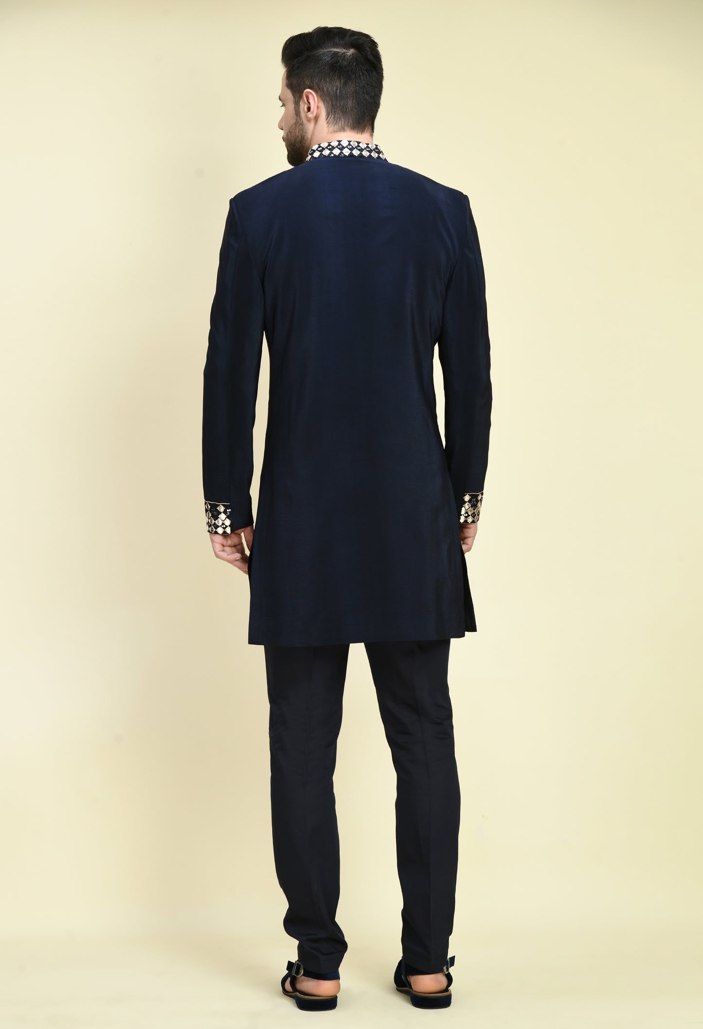 Side view - Men’s Indo-Western – Silk Crepe in Navy Blue with Mirror Work Embroidery