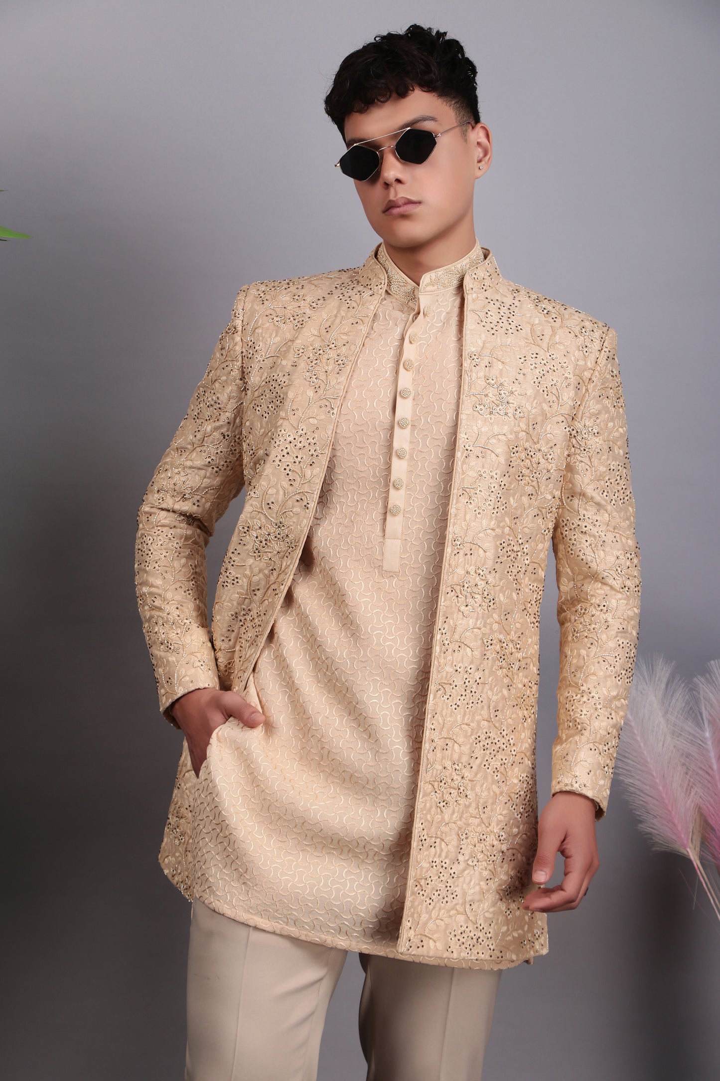 Detail view 5 - Men’s Indo-Western – Silk Embroidered Fabric in Beige with Floral Hand Embroidery