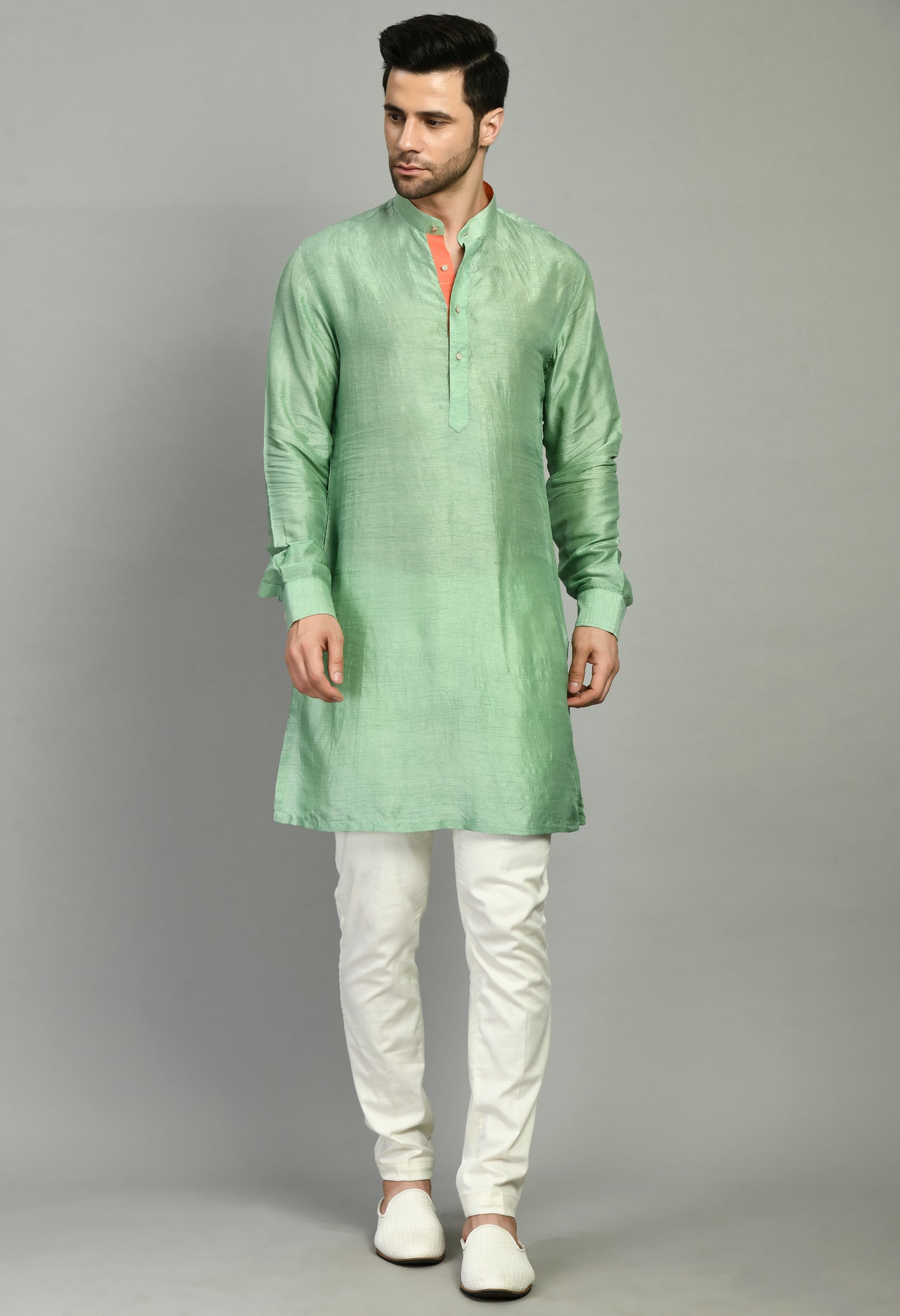 Detail view 3 - Men’s Nehru Jacket – Cotton Silk in Green with Silk Thread Embroidery