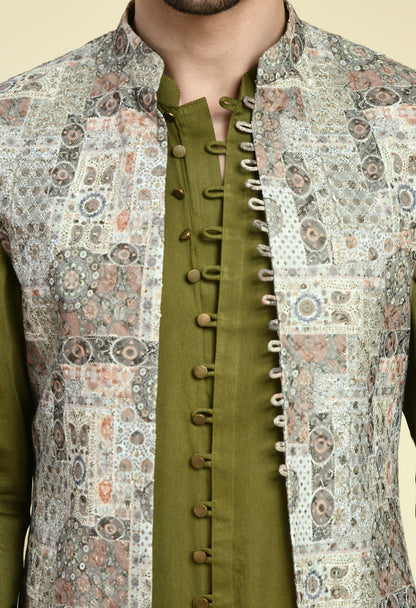 Men’s Nehru Jacket – Silk in Green with Silk Thread Embroidery | One Man Show