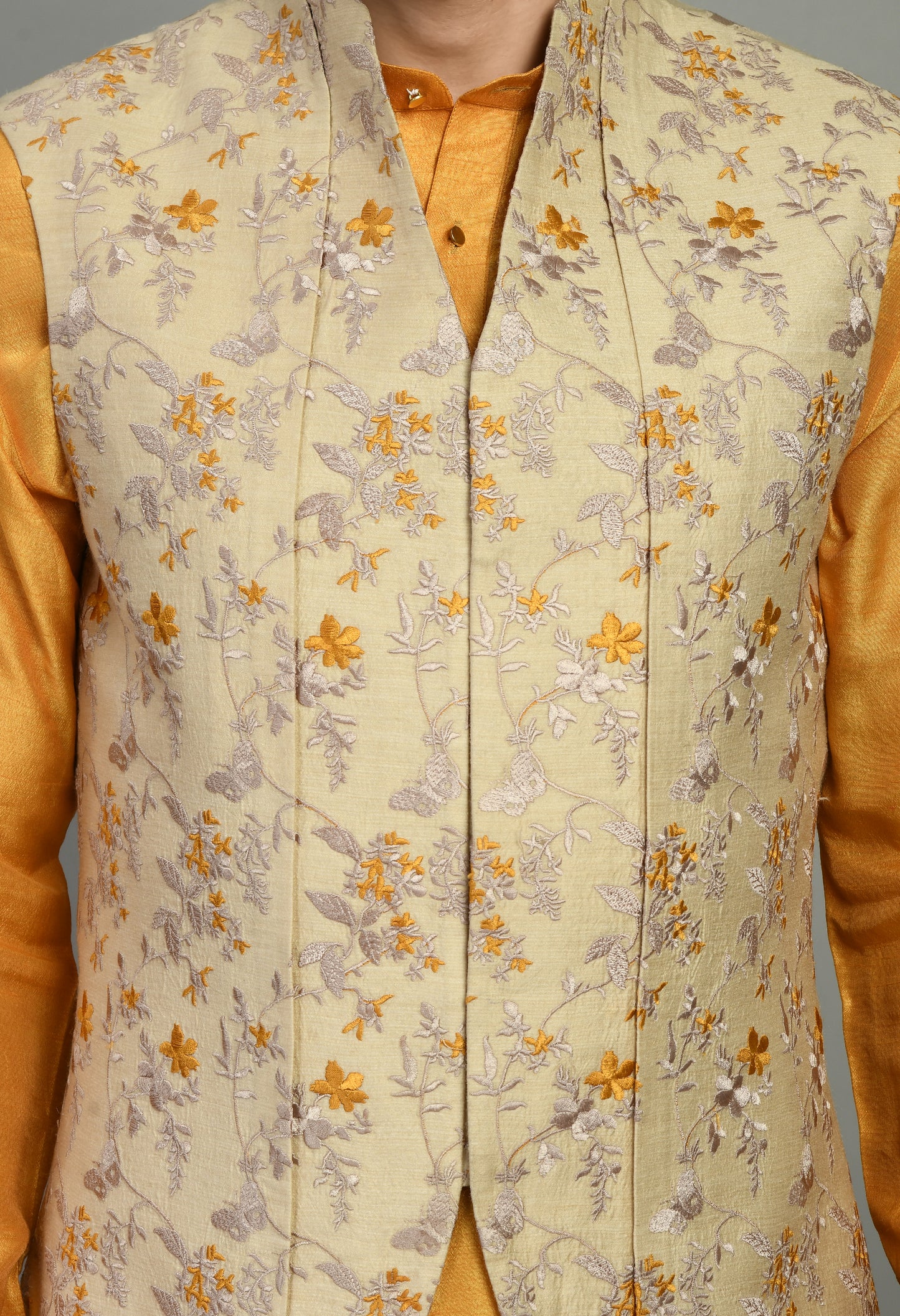 Detail view 2 - Men’s Nehru Jacket – Silk Moga in Yellow with Silk Thread Floral Embroidery